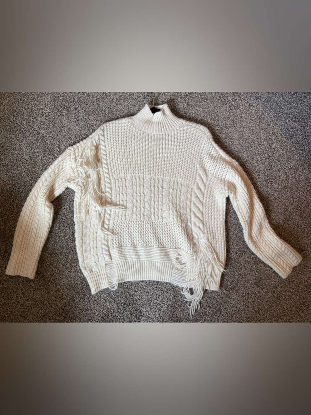 Fringe Cable-Knit Cream Turtleneck Sweater